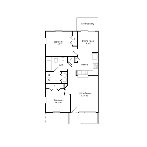 Floor plan for 2 beds, 1 bath, 892 sqft